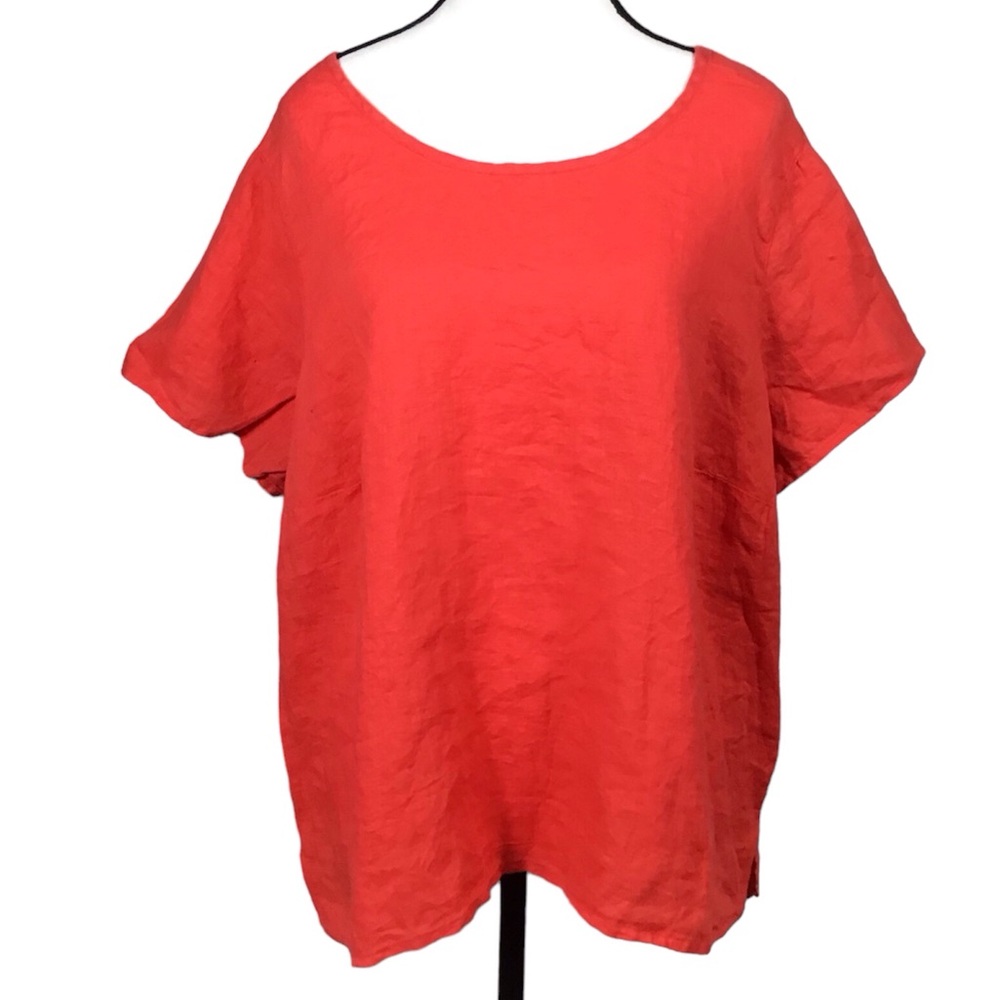 Isaac Mizrahi Womens Linen Top Size 1X Short Sleeve High Low Coral Minimalist